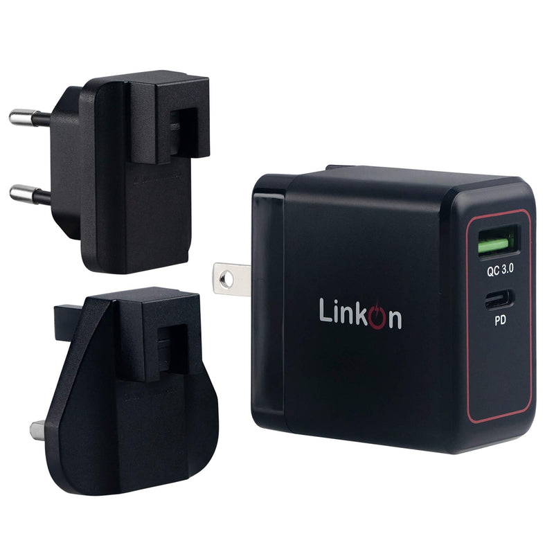 LinkOn Ganius 65W Wall Charger GaN Tech 65W USB-C PD3.0 PPS and 18W USB-A QC4.0+ Compatible with MacBook HP Dell Lenovo Surface Samsung Galaxy S20 Ultra Note 10+ Portable Laptop Travel International Black-65W