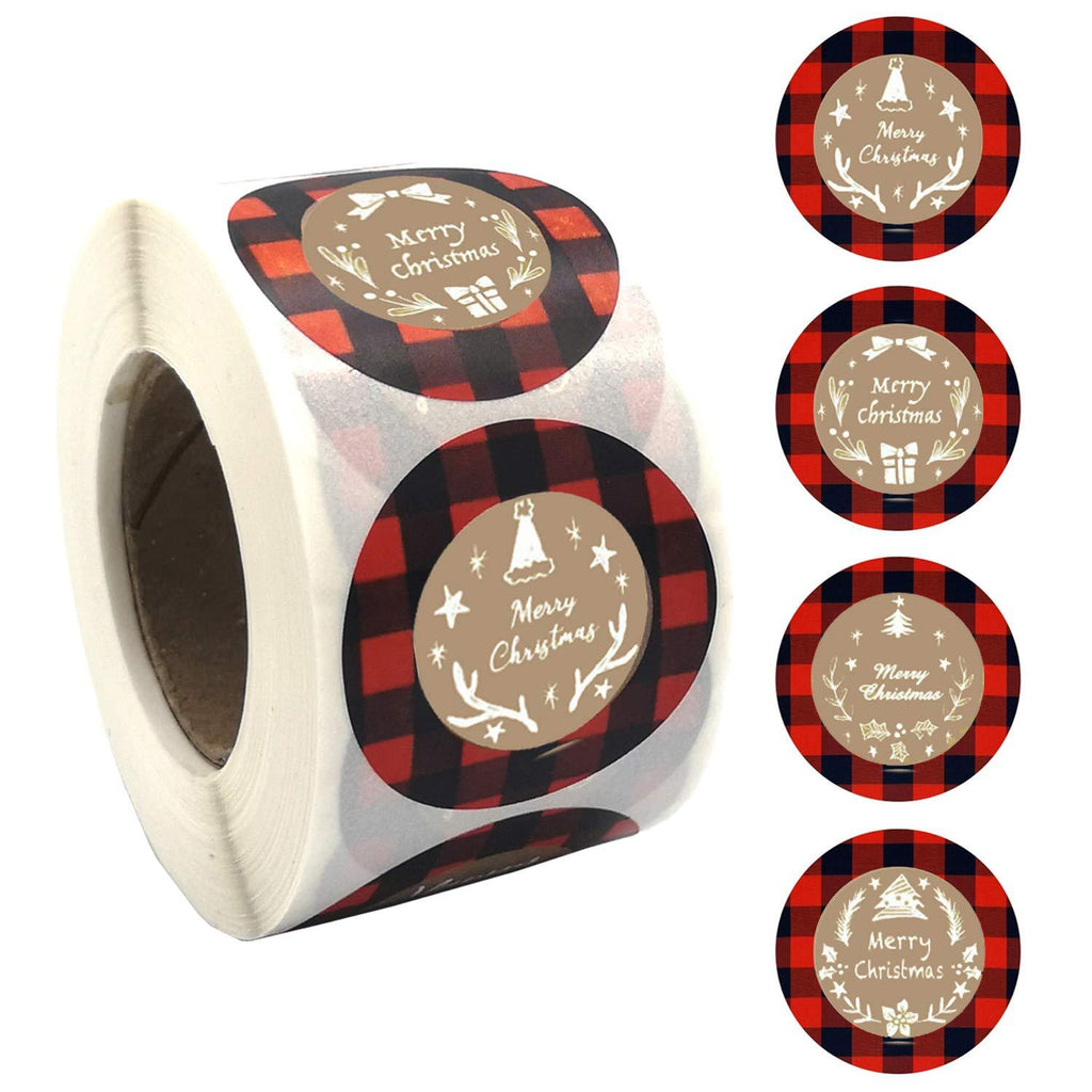 Soplus 500 Pieces Buffalo Plaid Merry Christmas Stickers Labels Self-Adhesive Holiday Stickers Roll Gift Tags for Christmas Envelope Stickers Card Seals, 1.5in in Diameter, Red and Black