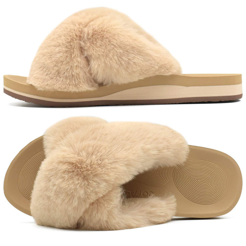 COFACE Womens Fuzzy Slides Fluffy Faux Fur House Slippers Open Toe Slip On Sandals Cozy Soft Yoga Mat Slippers Sandals with Arch Support Indoor Outdoor 5 Beige
