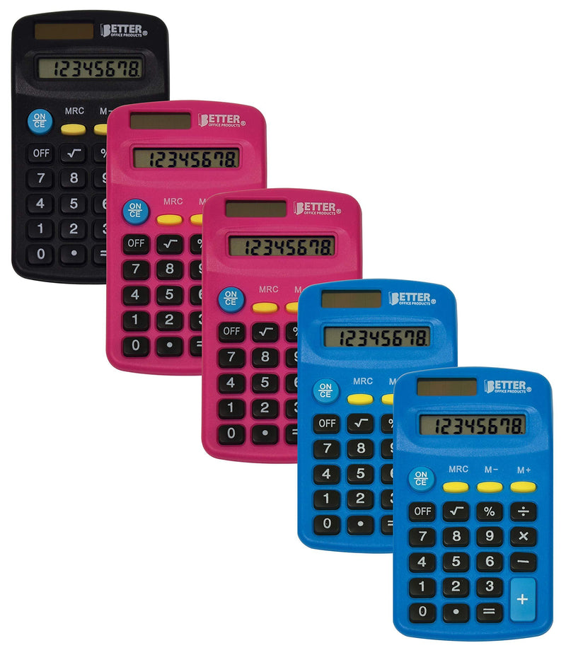 Pocket Size Mini Calculators, 5 Pack, Handheld Angled 8-Digit Display, by Better Office Products, Standard Function, Assorted Colors (Blue, Black, Pink), Dual Power with Included AA Battery Power