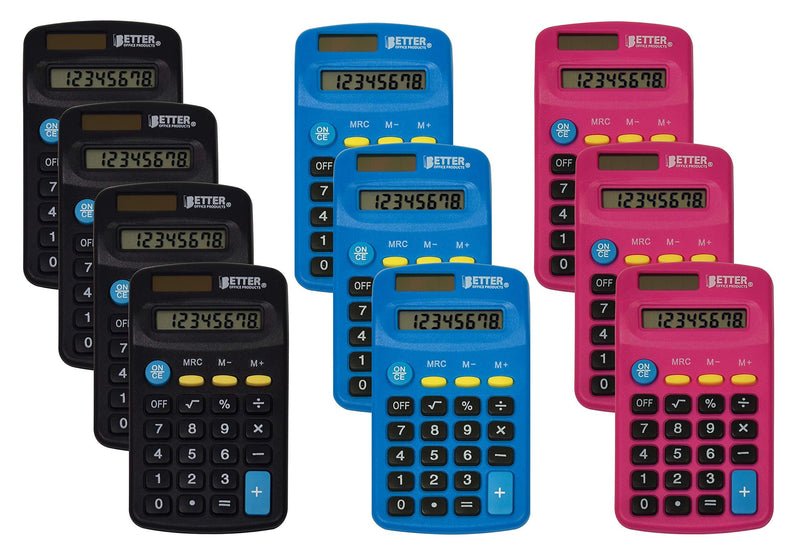 Pocket Size Mini Calculators, 10 Pack, Handheld Angled 8-Digit Display, by Better Office Products, Standard Function, Assorted Colors (Blue, Black, Pink), Dual Power with Included AA Battery Power