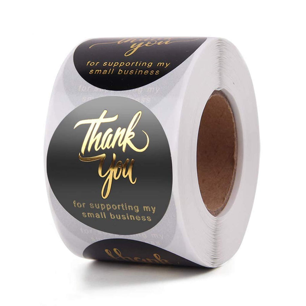 Thank You Stickers Roll | 1.5 Inch Thank You for Supporting My Small Business Stickers | 4 Designs Golden Front | 500 Labels for Business, Online Retailers, Boutiques, Shops | Ideal for Gift Package Golden Font Black