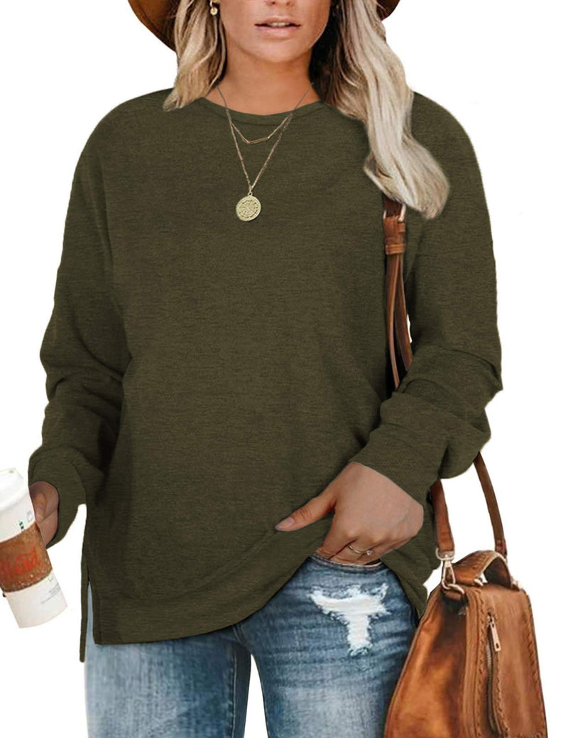 DOLNINE Plus-Size Sweatshirts for Women Casual Tops Side Slit Pullovers Shirts 14 Plus Army Green