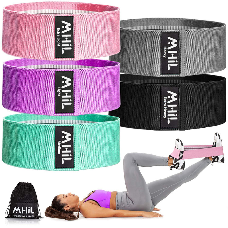 MhIL 5 Resistance Bands Set - Best Exercise Bands, Booty Bands for Women and Men, Workout Bands for Working Out Legs, Butt, Glute- Stretch Fitness Bands for Gym, Weights & Squats, Thick Elastic Fabric Pink, Purple, Green, Grey, Black