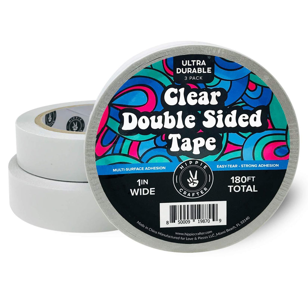 3 Pk Clear Double Sided Tape 1 inch Wide Heavy Duty Adhesive 2 Sided Strong Duct Thin Tape - 3 Packs 1" by 60 Feet (180FT Total)