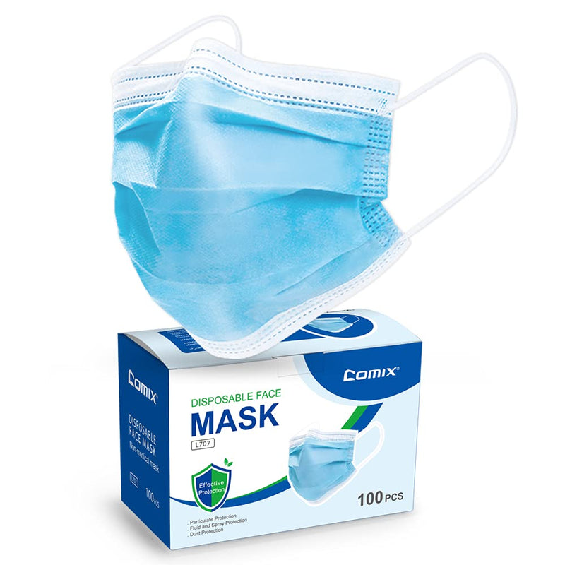 Comix Disposable Face-Masks with 3-Layer Adult Masks, L707 Pack of 100 Blue