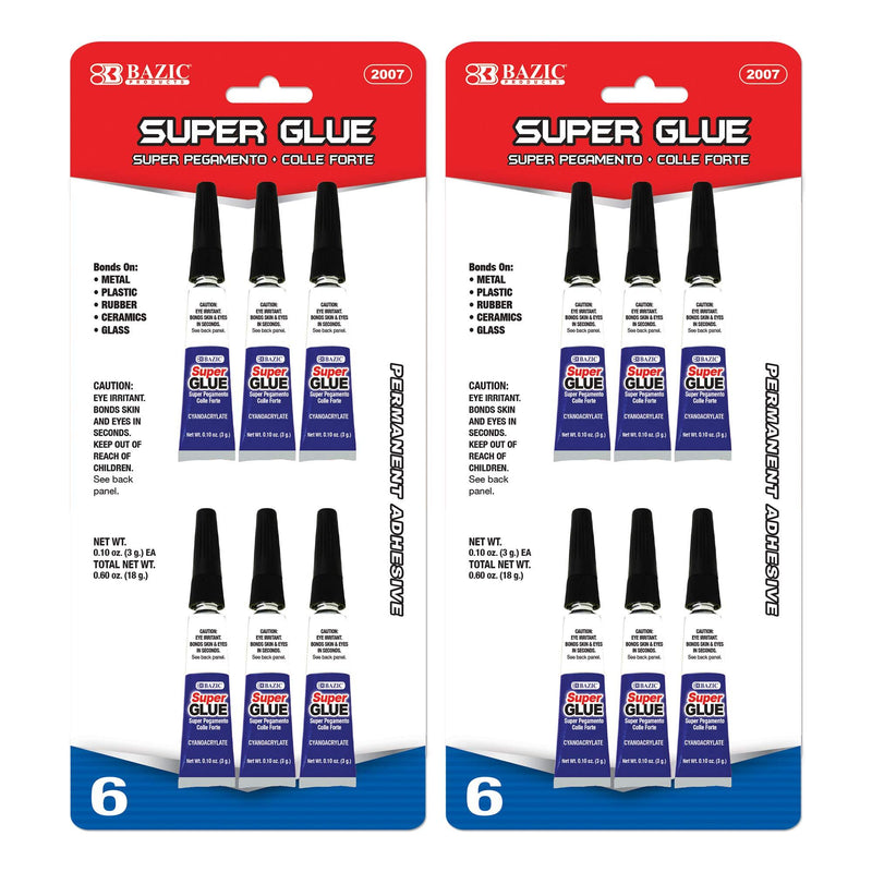 BAZIC Super Glue 3g/0.10 Oz, Small Tube Clear Adhesive Fluid Liquid Bonding for Office & Home Improvement (6/Pack), 2-Packs 6-count (3g / count) 2-Pack