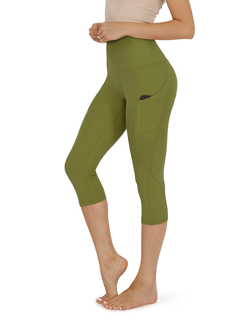 ODODOS Women's High Waisted Yoga Capris with Pockets,Tummy Control Non See Through Workout Sports Running Capri Leggings X-Small Olive/Army