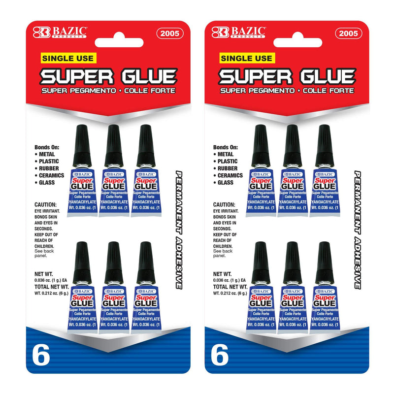 BAZIC Single Use Super Glue 1g/0.036 Oz, Mini Small Tube Clear Adhesive Fluid Liquid Bonding for Office & Home Improvement (6/Pack), 2-Packs 6-count (1g / count) - Single use 2-Pack