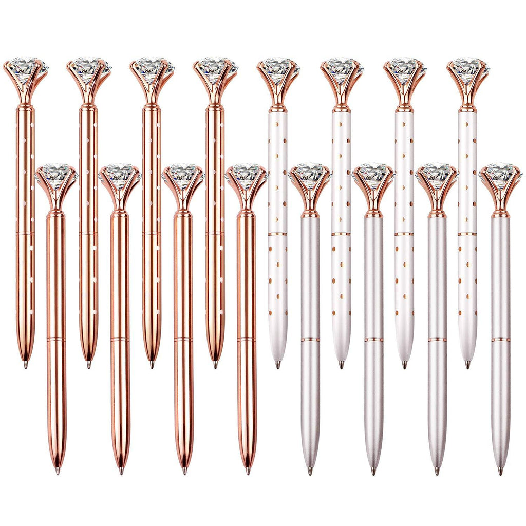 16 PCS Diamond Pen With Big Crystal Bling Metal Ballpoint Pen, Office Supplies And School, Rose Gold/White Rose Polka Dot/Silver/Rose Gold With White Polka Dots, Includes 16 Pen Refills