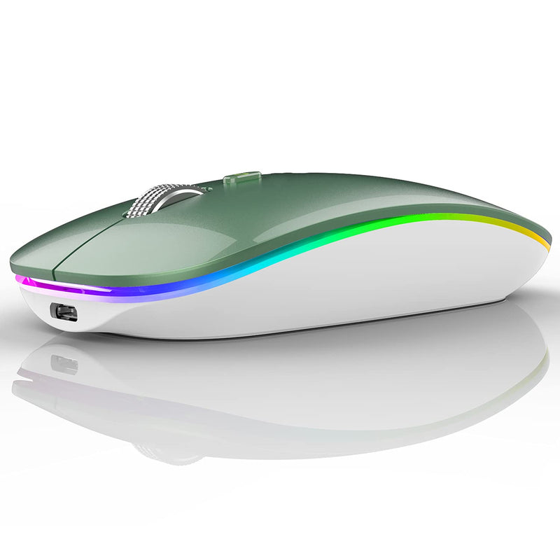 LED Wireless Mouse, G12 Slim Rechargeable Wireless Silent Mouse, 2.4G Portable USB Optical Wireless Computer Mice with USB Receiver and Type C Adapter (Blacklish Green) Blacklish Green