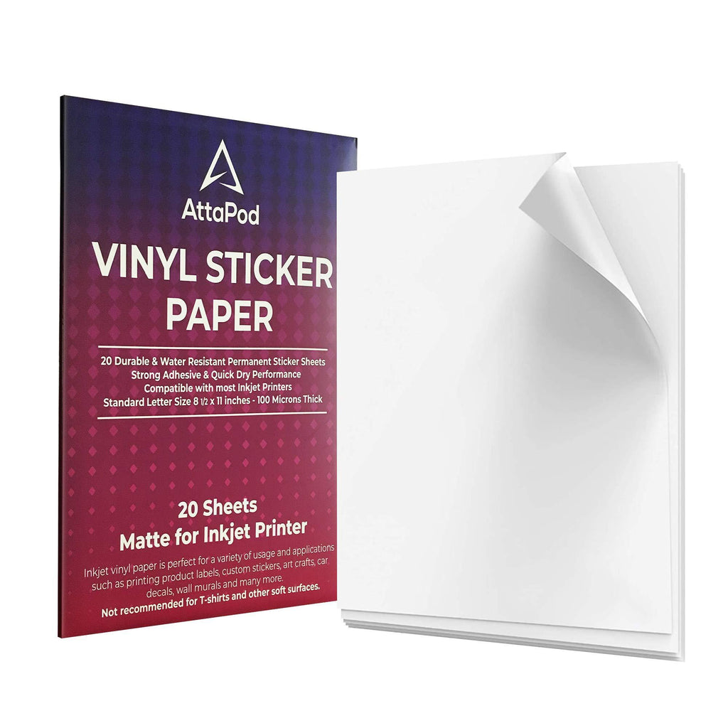 Printable Vinyl Sticker Paper Waterproof - Product Labels, Photo Stickers and More - Thick Matte Vinyl Sticker Paper for Inkjet and Laser - Quick Dry - Superior Adhesive - 8.5 x 11 Inches - 20 Sheets