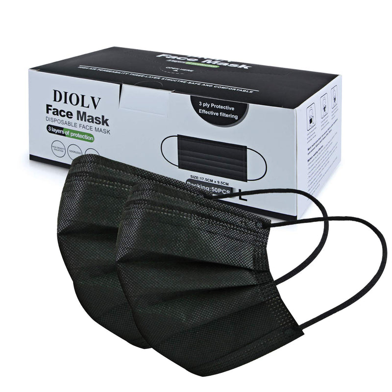 DIOLV Disposable Face Mask Adult 3 Layer Mens Breathable Facemask Womens Facial Masks for Indoor Outdoor 50Pcs/Pack Earloop,Black Black