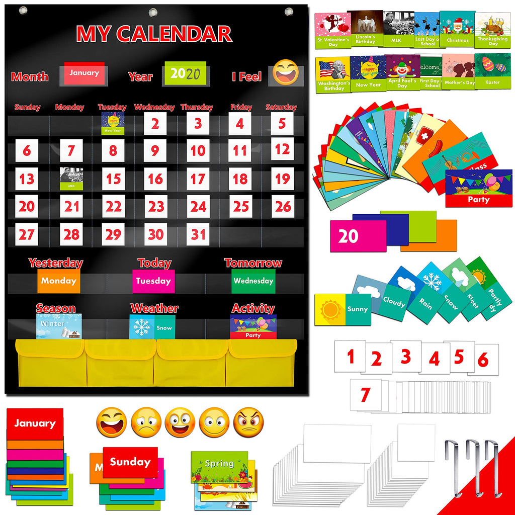 Black Calendar and Weather Pocket Chart with 148 Cards,(108 Illustrated Activity Cards, 40 Dry Erasable Flash Cards and 3 Hooks 28"x35.5") Black