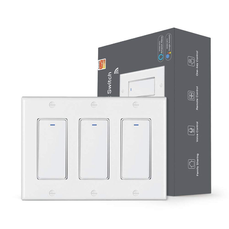 MoesGo WiFi Wall Push Button Smart Light Switch Smart Life Wireless Remote Control Single Pole or Multi-Control Association Voice Control with Alexa,Google Home White 3 Gan 3 Gang White Smart Switch