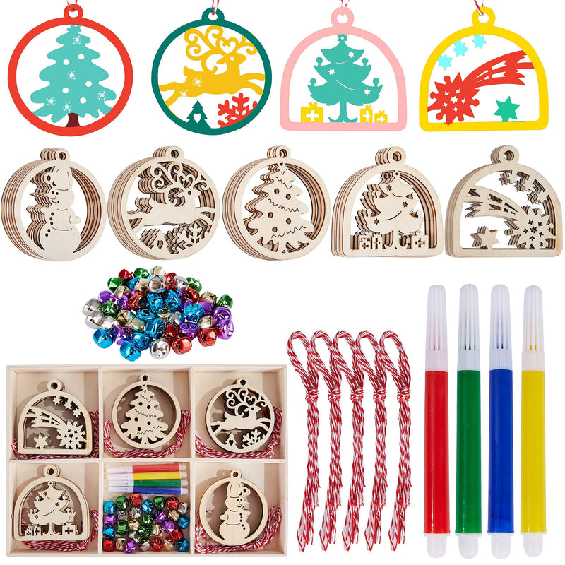 Artmag 30pcs Unfinished Wooden Hanging Ornaments for Christmas Decorations,5 Styles DIY Wood Slices with Holes for Kids Crafts Centerpieces Holiday Hanging Decorations 30pcs with gift box