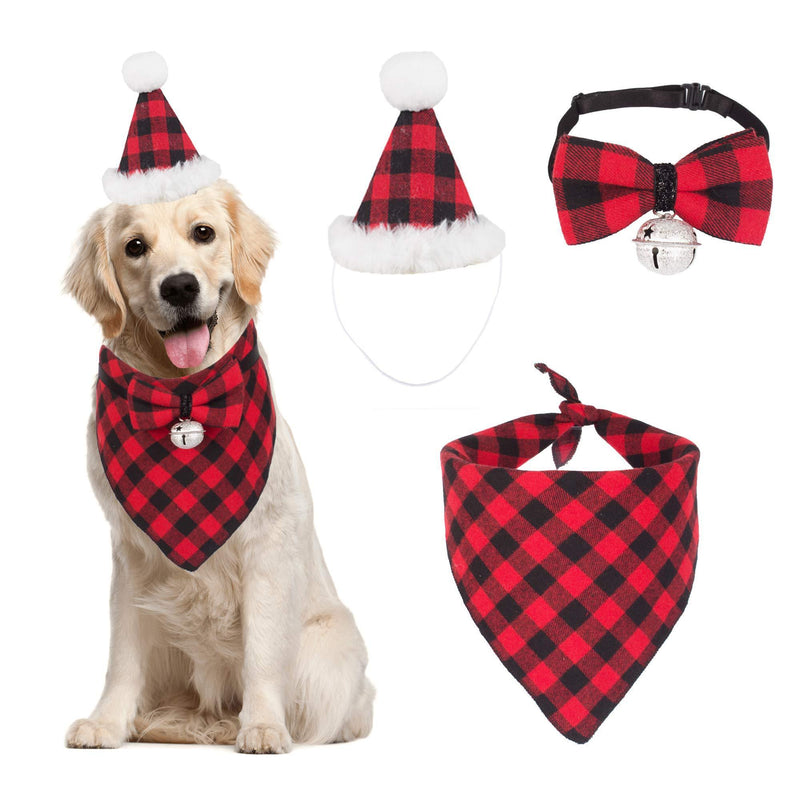 Christmas Dog Bandana Hat Bow tie Set - Classic Plaid Pet Scarf Triangle Bibs Dog Christmas Costume Decoration Accessories for Small Medium Large Dogs Cats Pets Red