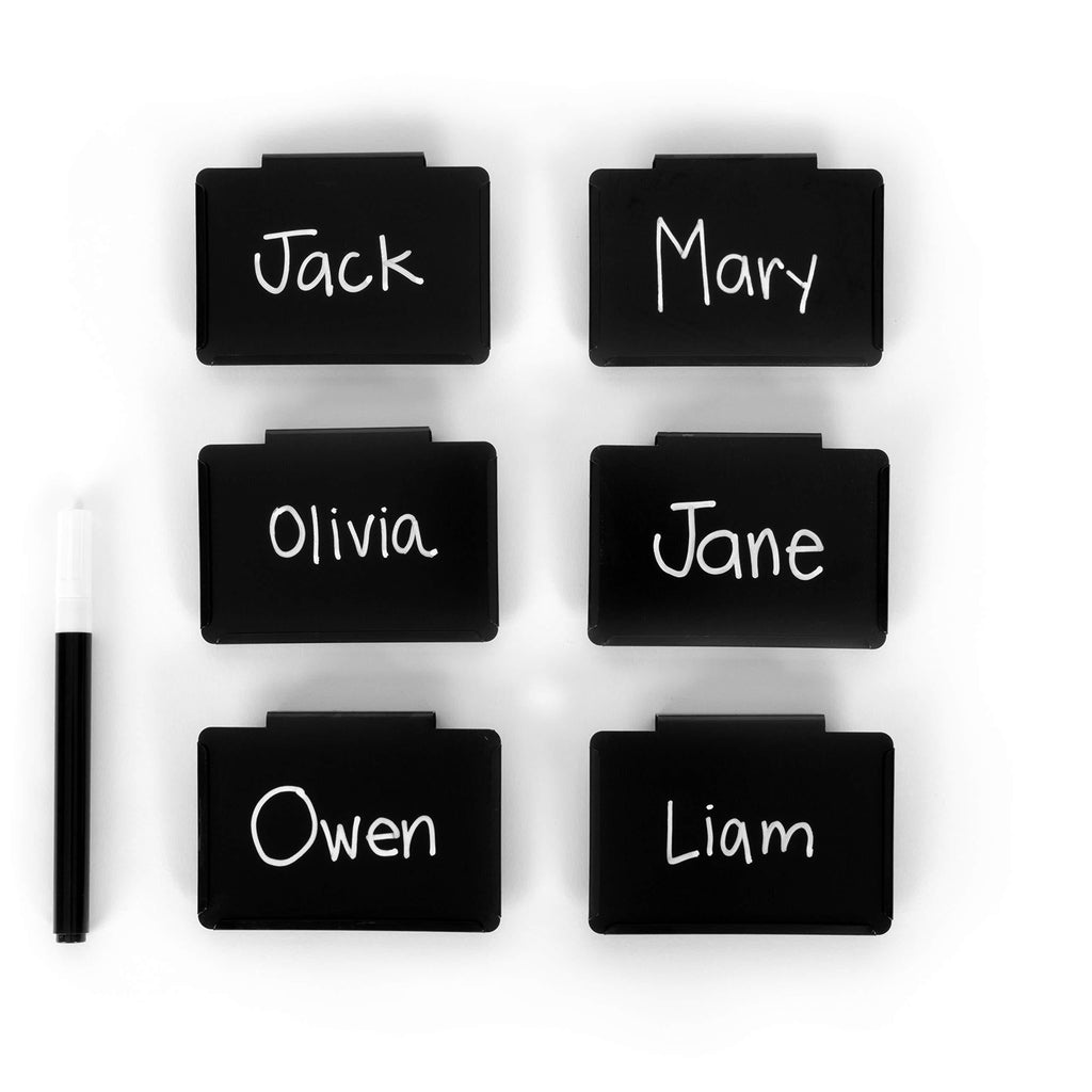 Basket Bin Labels Clip on | Label Holders for Basket or Storage Bins | Metal Hanging Bin Clip Labels | Chalkboard Labels for Baskets - Black Finish [Pack of 6] - Includes [1] White Chalk Marker