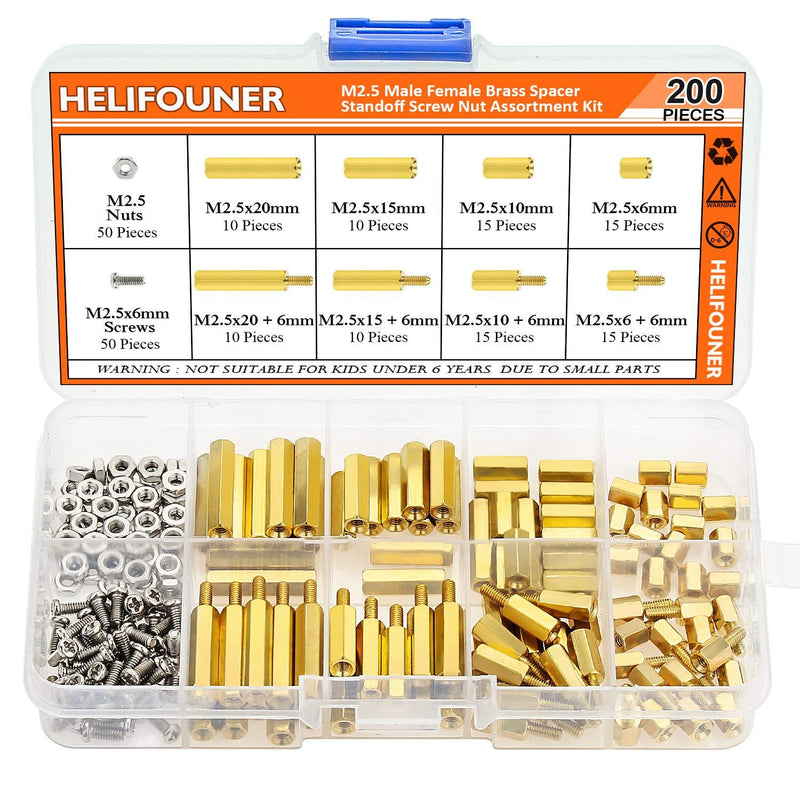 HELIFOUNER 200 Pieces M2.5 Male Female Hex Brass Spacer Standoff Screw Nut Assortment Kit