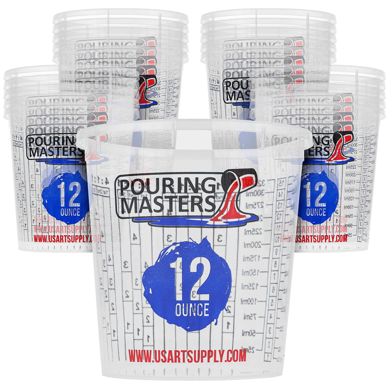 Pouring Masters 12 Ounce (350ml) Graduated Plastic Mixing Cups (Box of 20) - Use for Paint, Resin, Epoxy, Art, Kitchen, Cooking, Baking - Measurements in OZ. and ML, 4 Different Measuring Ratios 1:1 12-Ounce
