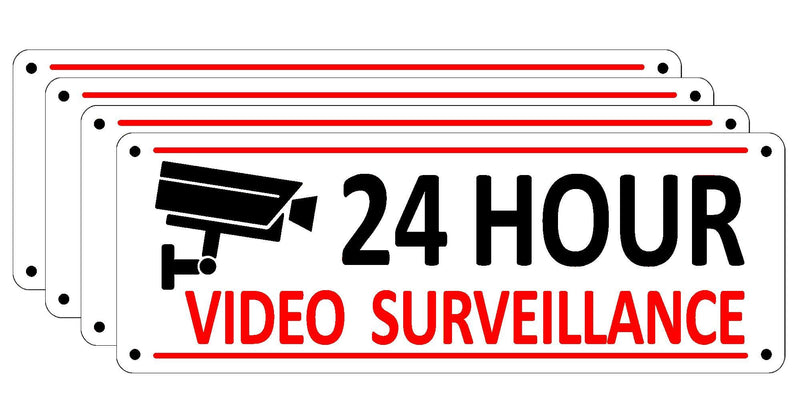 (4 Pack) Video Surveillance Sign, Home Security Signs for House Business, 10 x 3.5 inches Aluminum Warning Signs Outdoor Fence, 24 Hour CCTV Sign for Yard, Reflective Metal Camera Sign Rust Free Video Surveillance Sign-C02B
