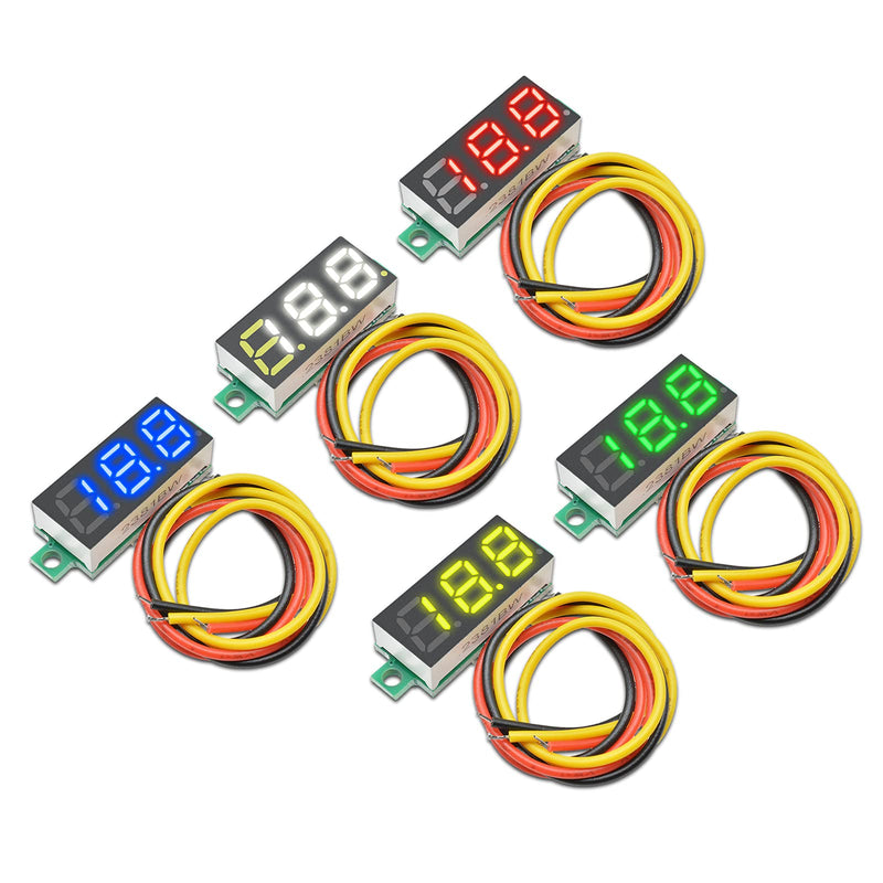 Diymore 5pcs Mini 0.28" LED Display 3-line DC 0-100V Voltmeter Digital Gauge 12V 24V Voltage Meter Detector (White+Red+Yellow+Blue+Green) Multicolored