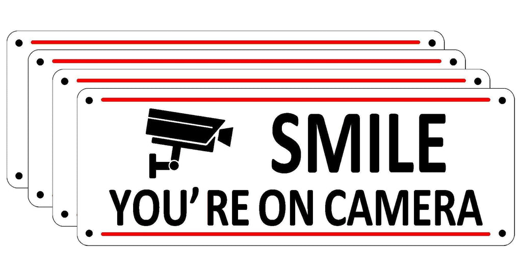 (4 Pack) Smile You're on Camera Sign, Video Surveillance Sign for Business, 10 x 3.5 inches Home Security Signs for House Fence, Metal Security Camera Warning Sign Outdoor, Aluminum CCTV Sign for Yard You're on Camera Sign-C02B