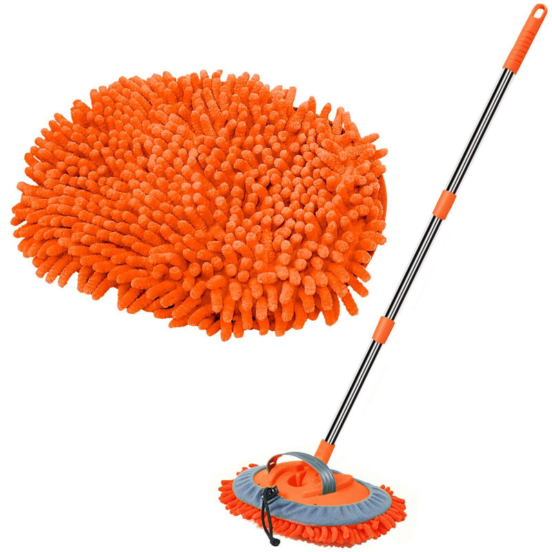 WillingHeart 47.5" Car Wash Brush Mop Cleaning Tool with Long Handle Kit for Washing Detailing Cars Truck, SUV, RV, Trailer, Boat 2 in 1 Chenille Microfiber Sponge Duster Not Hurt Paint Scratch Free Orange