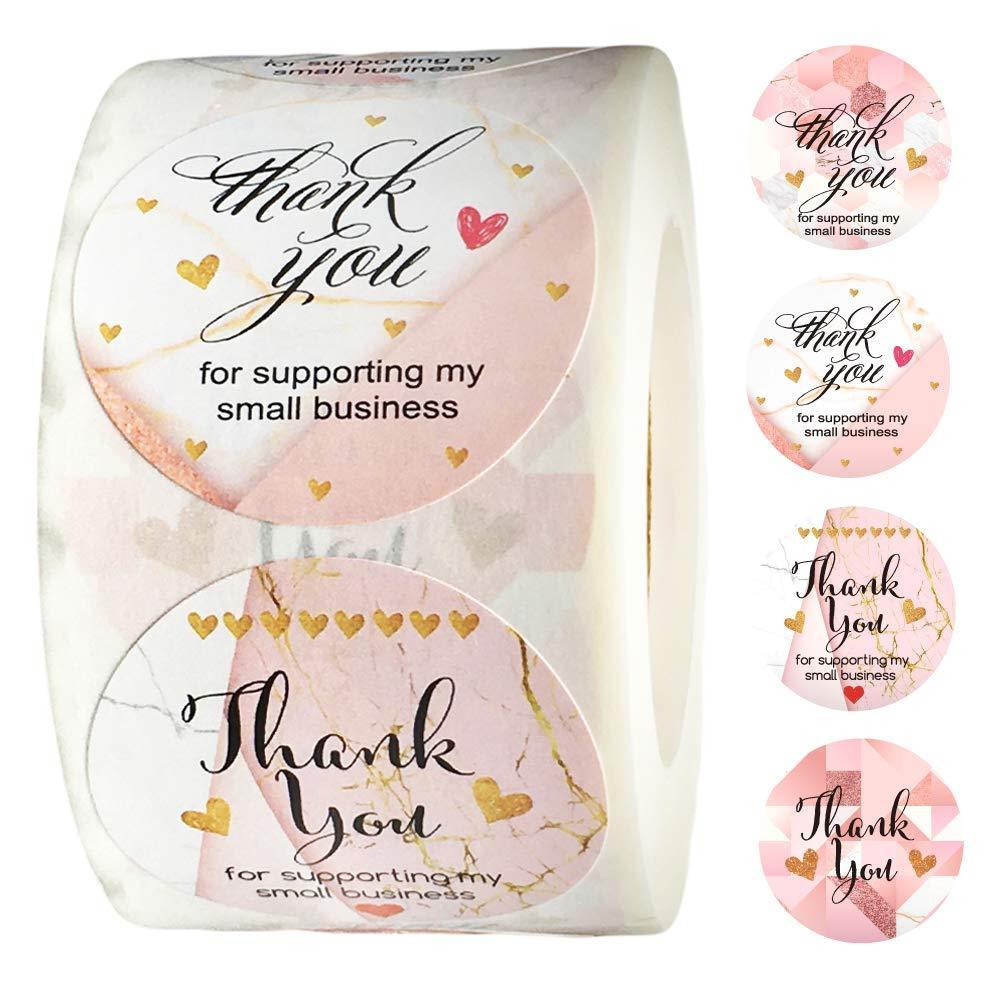 500 Pcs Thank You Stickers Roll- 1.5 inch Circle Self Adhesive 4 Designs Sweet Candy Thank You Label for Bags Envelopes Boxes Bubble Mailers Seals