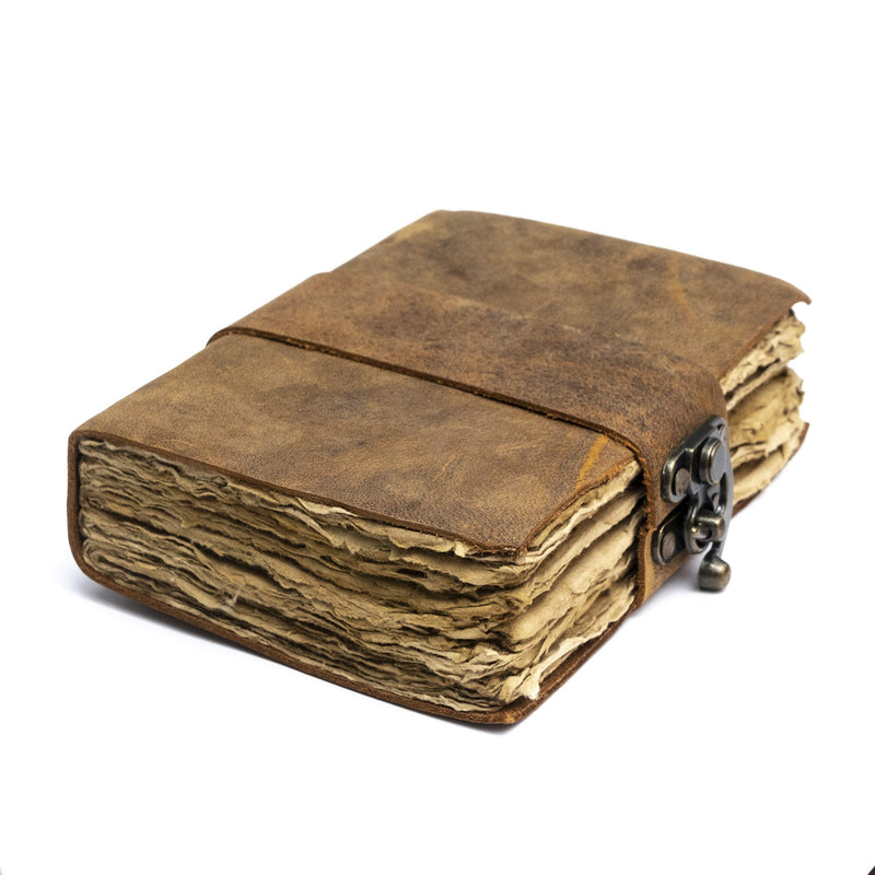 Vintage Leather Journal - Lock Closure, Book of Shadows Journal, Grimoire Journal, Witch Journal, Vintage Journal 240 pages Antique Deckle Edge Paper 7" x 5" Vintage Brown