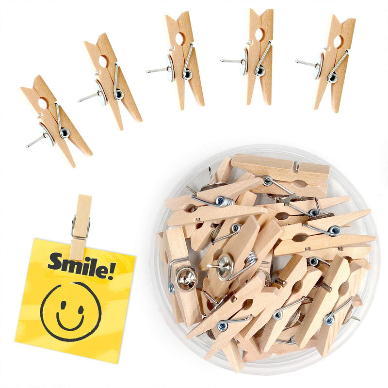 30pcs Push Pins with Wooden Clips Pushpins Tacks Thumbtacks for Bulletin Boards/Note Board/Cork Board Artworks Notes Photos Craft Offices and Homes