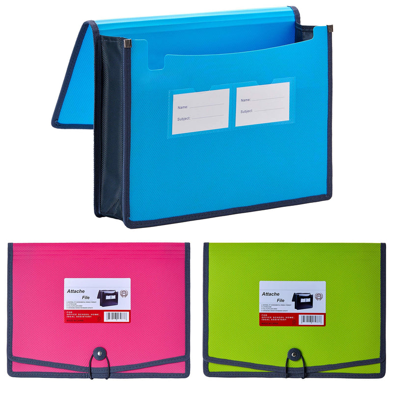 FANWU 3 Pack Plastic Expanding File Wallet Document Organizer with Elastic Cord & Button Closure, Letter Size, 3.5" Expansion, Poly A4 Expandable File Folder for School Office Home Organization Blue/Pink/Green