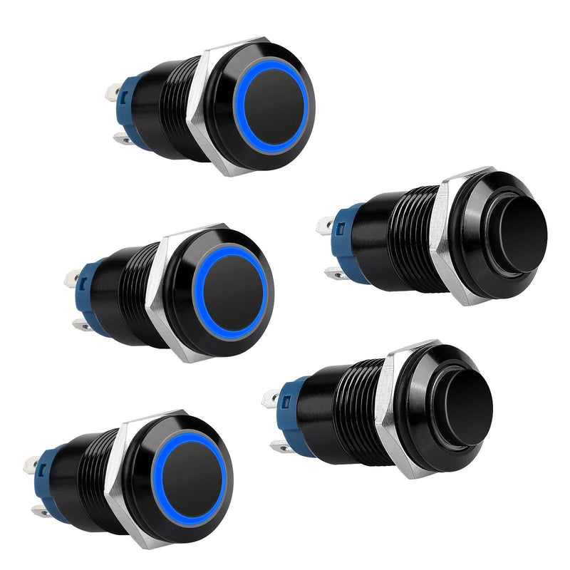 5PCS 12mm Latching Push Button Switch 5A 12V DC Pushbutton Switch 1NO1NC SPST ON/OFF Switch Black Metal Shell with Blue LED Ring Light, Waterproof Self-Locking Pushbutton Switch for 1/2" Mounting Hole 12mm Black