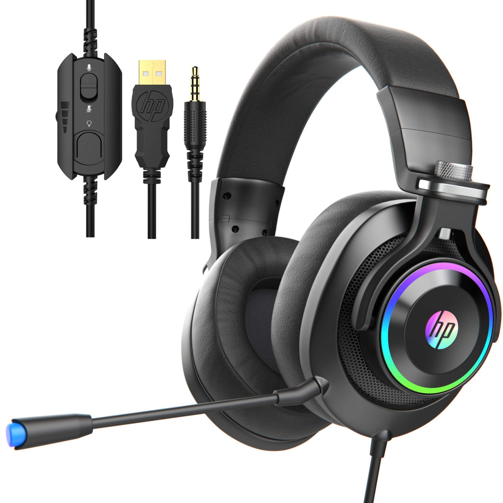 HP Wired Gaming Headphones Xbox One Headset with Surround Sound, RGB LED Lighting, Noise Isolating Over Ear Gaming Headset with Adjustable Mic, for PS5,PS4, Xbox One, Nintendo Switch, PC, Laptop-Black Black