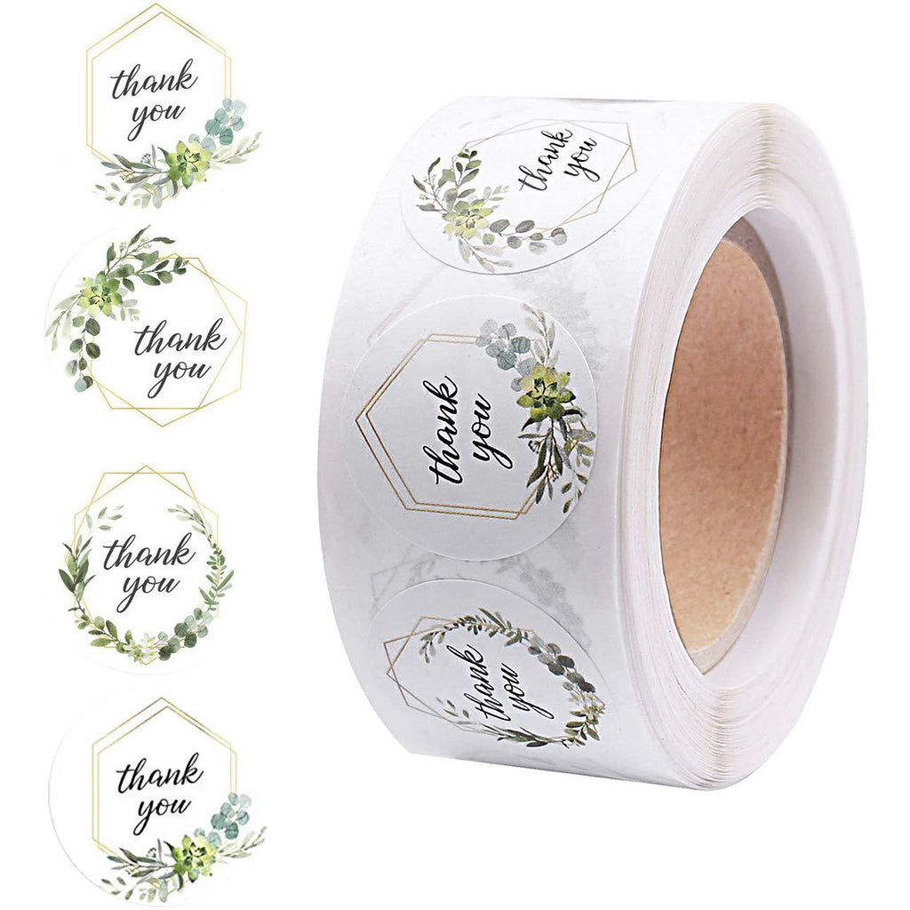 Pengxiaomei 1 Inch 500 Thank You Stickers in Roll, 4 Floral Different Designs Homemade Labels Greenery Frames Thank You Stickers Boho Labels for Gift Wraps, Envelopes, Business, Graduation, Wedding