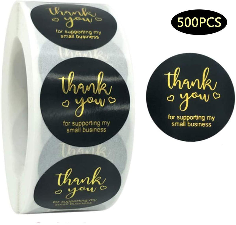 Yillsen Thank You Stickers Roll,500pcs 1.5'' Thank You for Supporting My Small Business Stickers Round Golden Font Foil Thank You Stickerfor Bags, Boxes, Tissue, Ideal for Retail Store - Black