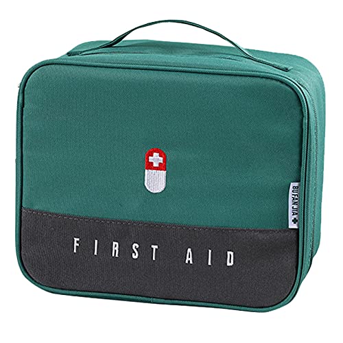 Zippered First Aid Bag Medication Organizer Emergency Empty Pouch Carrier with 5 Pockets Oxford Cloth Travel Medicine Pill Case with Handle Medical Embroidered Bags Green (9.84 x 7.87 x 5.31 inches)