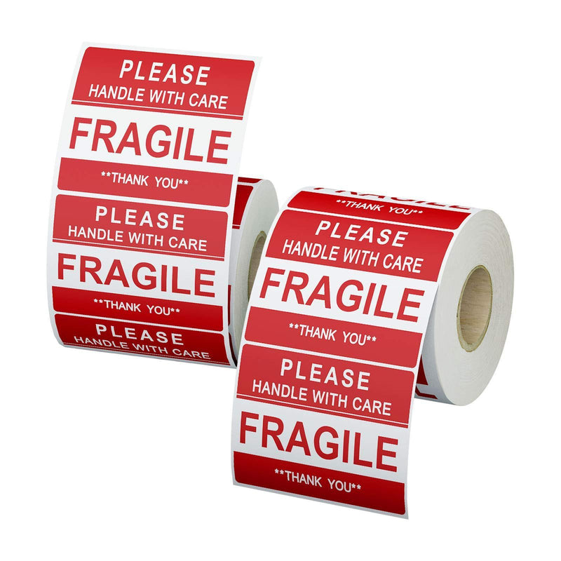 Printholic 2 Rolls Fragile Stickers 3" x 2" Please Handle with Care-Fragile-Thank You Warning Stickers Fragile Labels Permanent Adhesive for Shipping Moving Packing (500 Count/Roll)