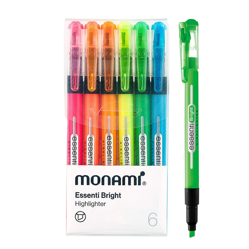 MONAMI ESSENTI Highlighter Bright, Chisel Tip (1~4mm), Clip-on Type, Bright Fluorescent Ink Highlighters, Assorted Colors, 6-Pack 6 Color Set