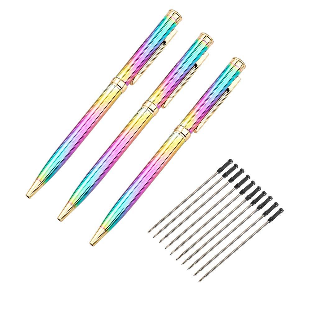 3 Pieces Rainbow Metal Ballpoint Pen Retractable Metal Crystal Pens Creative Signature Pens Cute Ballpoint Pens with 10 Pcs Replacement Refills for Office Supplies, Decorations, Women Gifts