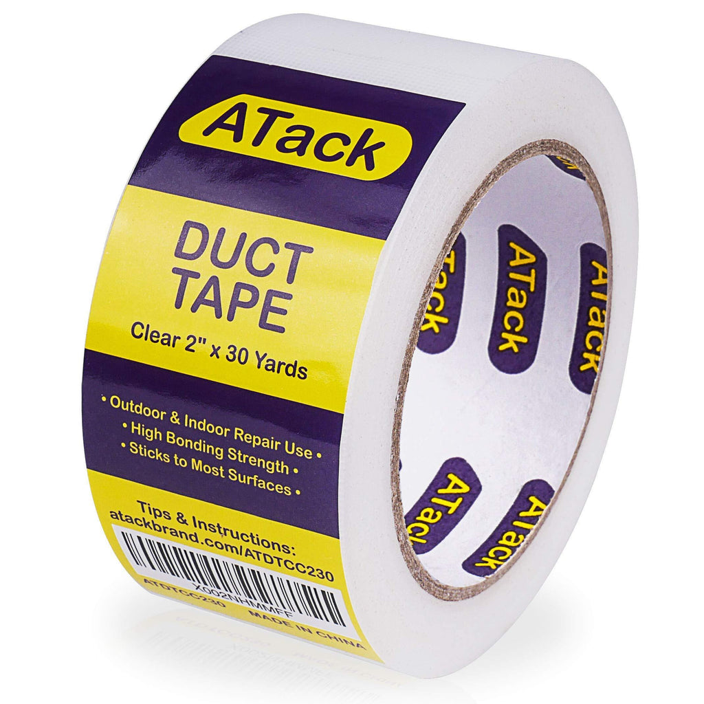 ATack Duct Tape Clear Cotton Textile, 2-Inches x 30 Yards, Easy Tear by Hand Clear Duct Tape for Commercial Use, Heavy-Duty Repair, Packing, Moving, and Outdoor Repair Weatherproof and Cold-Resistant