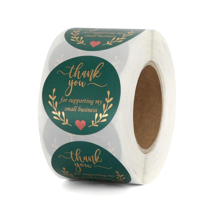 Thank You Stickers Roll - 1.5 Inch Thank You for Supporting My Small Business Stickers, Retro Green with Gold Foil Design, 500 Labels per Roll, Ideal for Business Gift Bags and Retailers