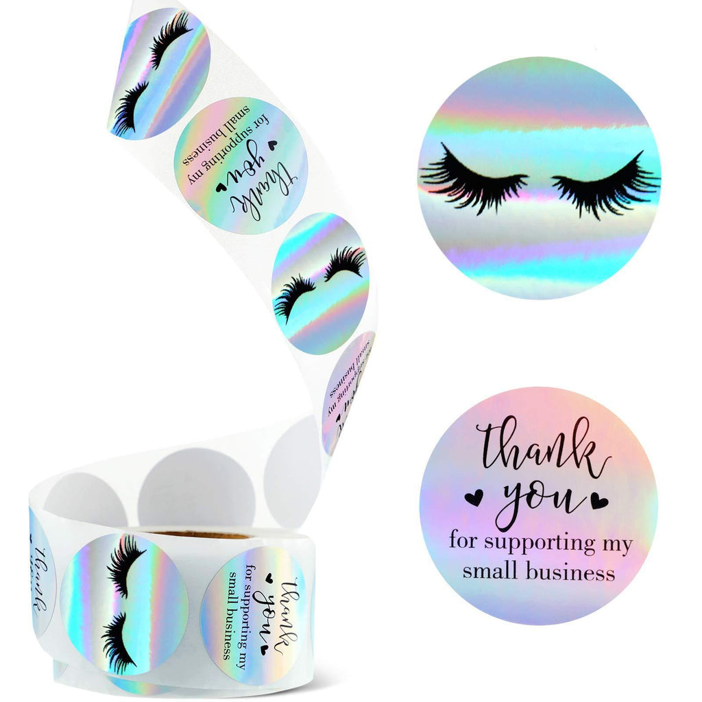 500 Pieces Eyelash Stickers and Thank You for Supporting My Small Business Stickers Adhesive Holographic Stickers Lash Label Stickers Round Shape Rainbow Stickers for Business Boutiques Shops