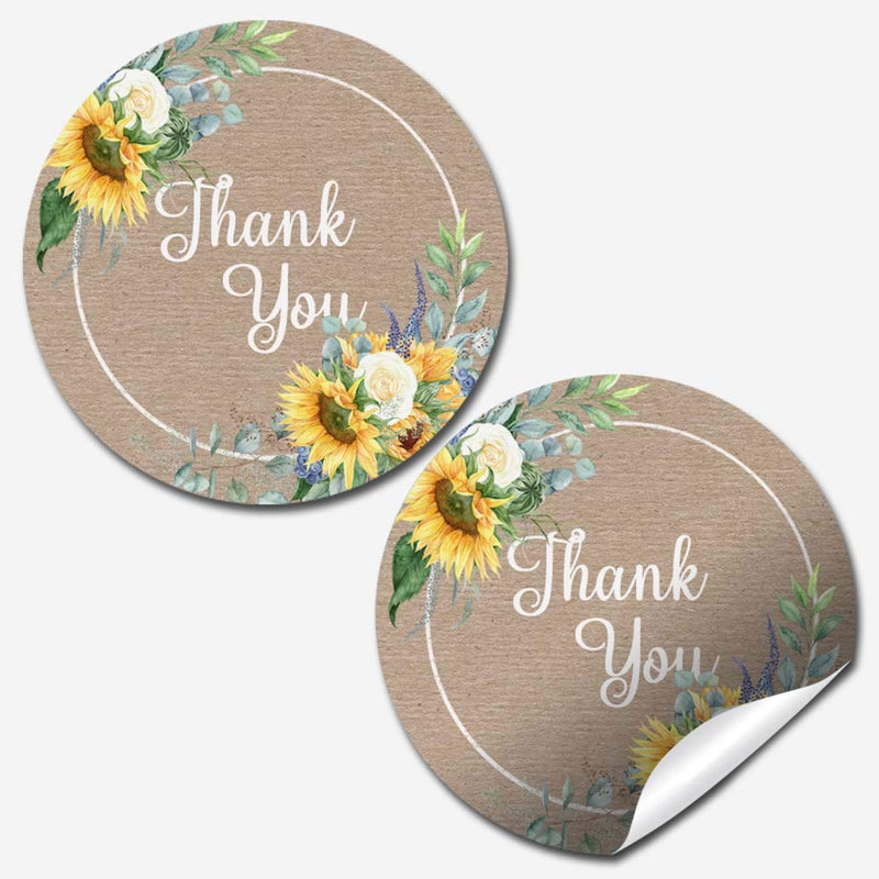 Beautiful Floral Sunflower On Kraft Thank You Customer Appreciation Sticker Labels for Small Businesses, 60 1.5" Circle Stickers by AmandaCreation, Great for Envelopes, Postcards, Direct Mail, More!