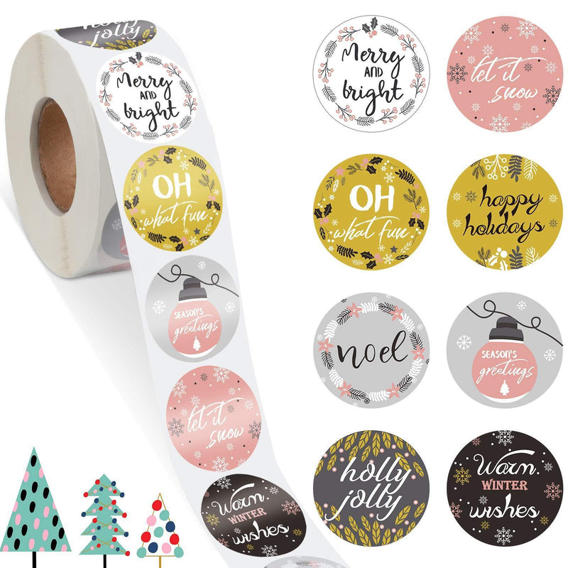 1000 Pieces 1.5 Inch Christmas Thank You Labels Stickers Mustard and Pink Christmas Stickers Roll Happy Holidays Sticker Round Circle Label Stickers for Christmas Decoration