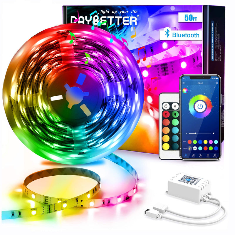 DAYBETTER Led Strip Lights 50ft Smart Light Strips with App Control Remote, 5050 RGB Led Lights for Bedroom, Music Sync Color Changing Lights for Room Party Multicolor 50.0 Feet