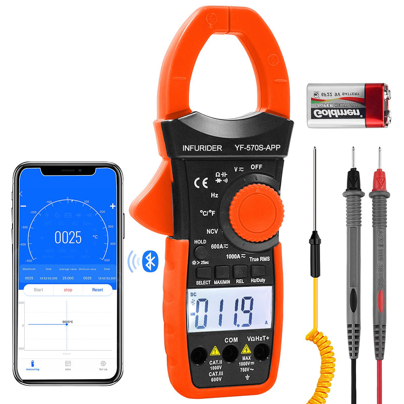 INFURIDER Digital AC/DC Volt Amp Clamp Meter,Wireless Bluetooth Auto Ranging 1000A Ammeter Clamp Multimeter for Voltage,Current,Ohm,Cap,Temperature Tester 2.YF-570S-APP AC DC Current Clamp with BT