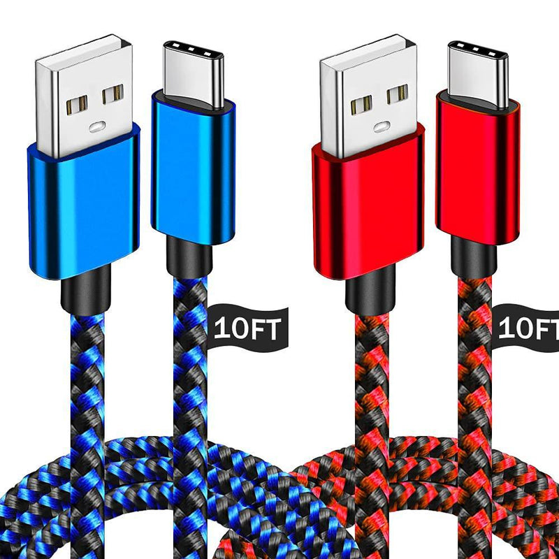 USB Type C Charger Cable,10FT 2Pack Fast Charging Cable Long Charging Cord Compatible with Samsung Galaxy S20 S10e S10 S9 S8 A01 A11 A21 A32 A42 A51 A71 A80 A81 Note 9 LG Stylo 6 V60 V50 G8X G8 Red&Blue