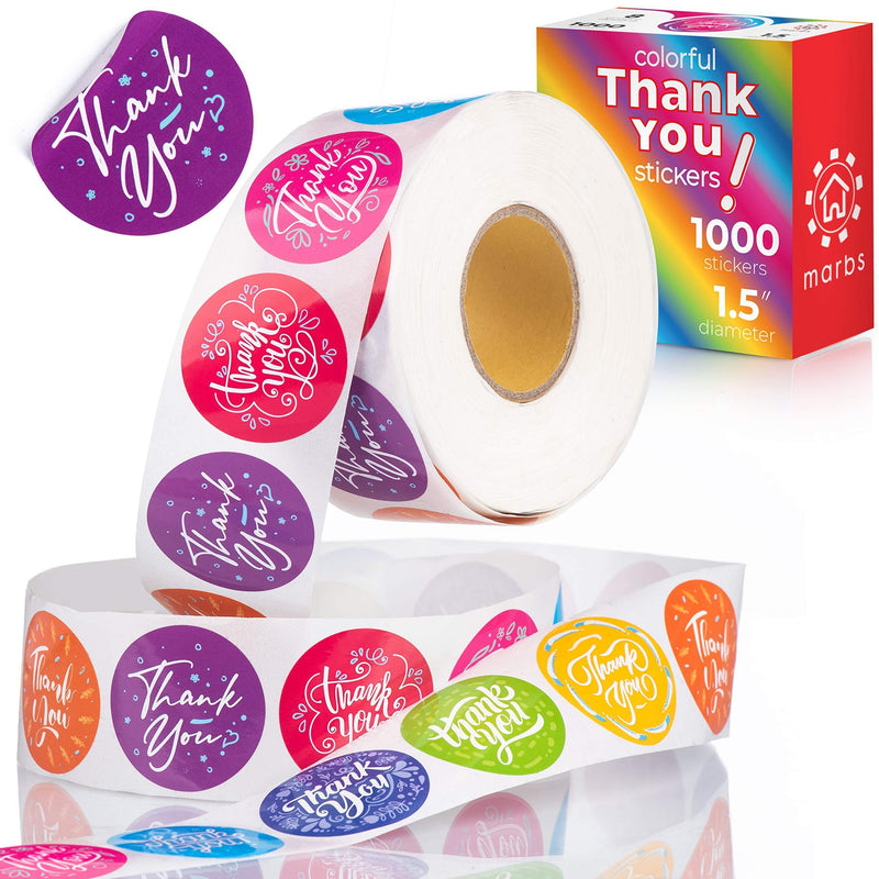 1.5” Marbs Thank You Stickers -1000pcs Roll - Water Resistant - Decorative Sealing Stickers for Delivery, Decoration, Gifts, Packaging, Party, Weddings, Christmas Gifts & More (8 Colors) 8 Colors