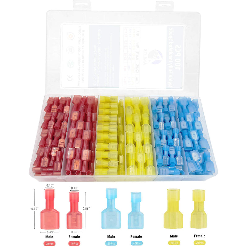 Amlits 100 PCS Nylon Spade Quick Disconnect Connectors Kit, Fully Insulated Male & Female Electrical Crimp Cold-Pressed Wire Terminals Assortment Kit
